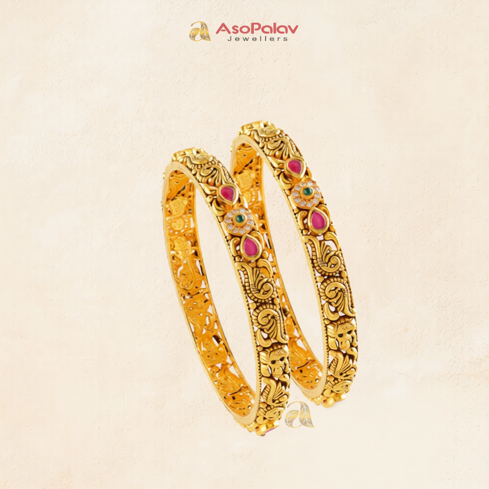 22K Floral Gold Bangles with Ruby Emerald CZ Stones